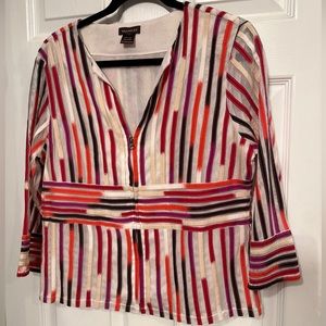 Multiples Size L Womens Stripe Zip Front 3/4 Sleeve V-Neck Semi Sheer Jacket